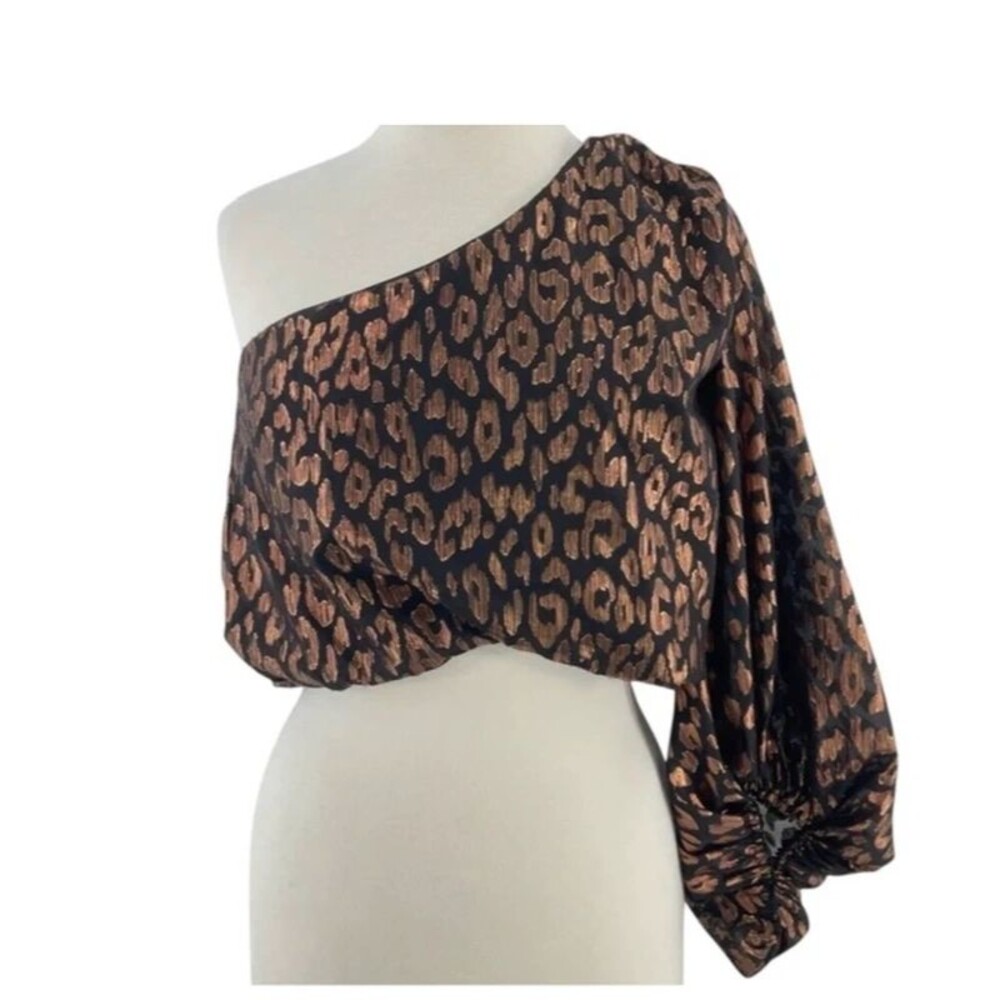 Anthropologie Do + Be Metallic Leopard One Shoulder Balloon Sleeve Top S NWOT - Picture 2 of 6
